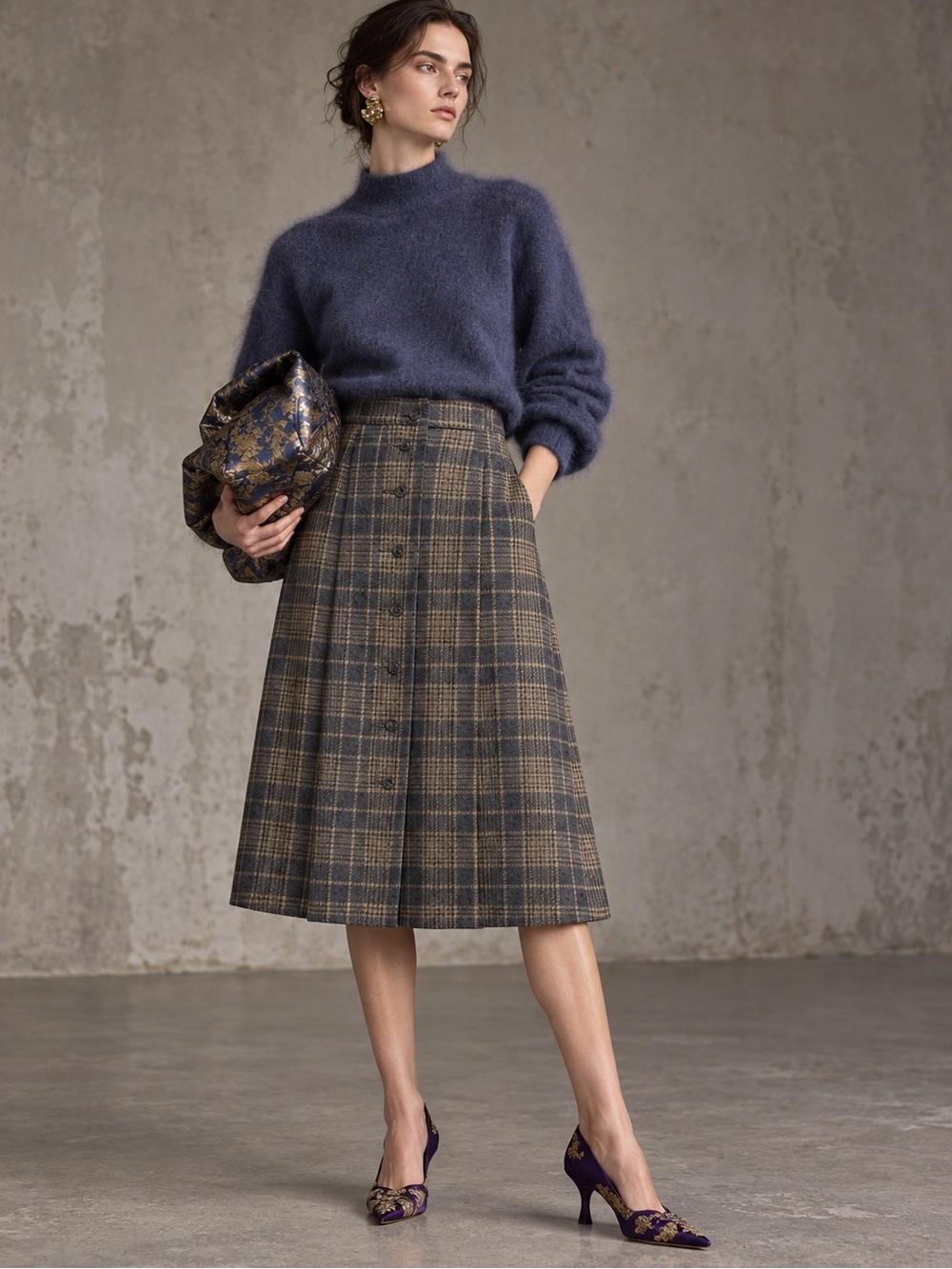 Vintage 70s 80s Evan Picone Wool Plaid Button Front Midi Skirt